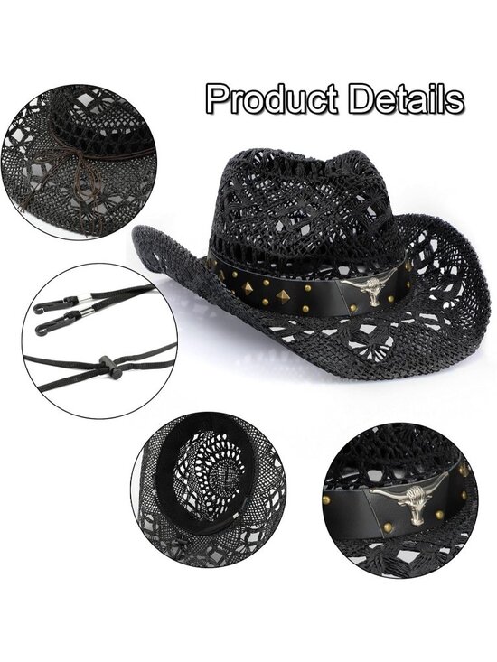 Women\'s Black Cowgirl Comfortable Classical Hat Design Wide with Shapeable Brim main image 5